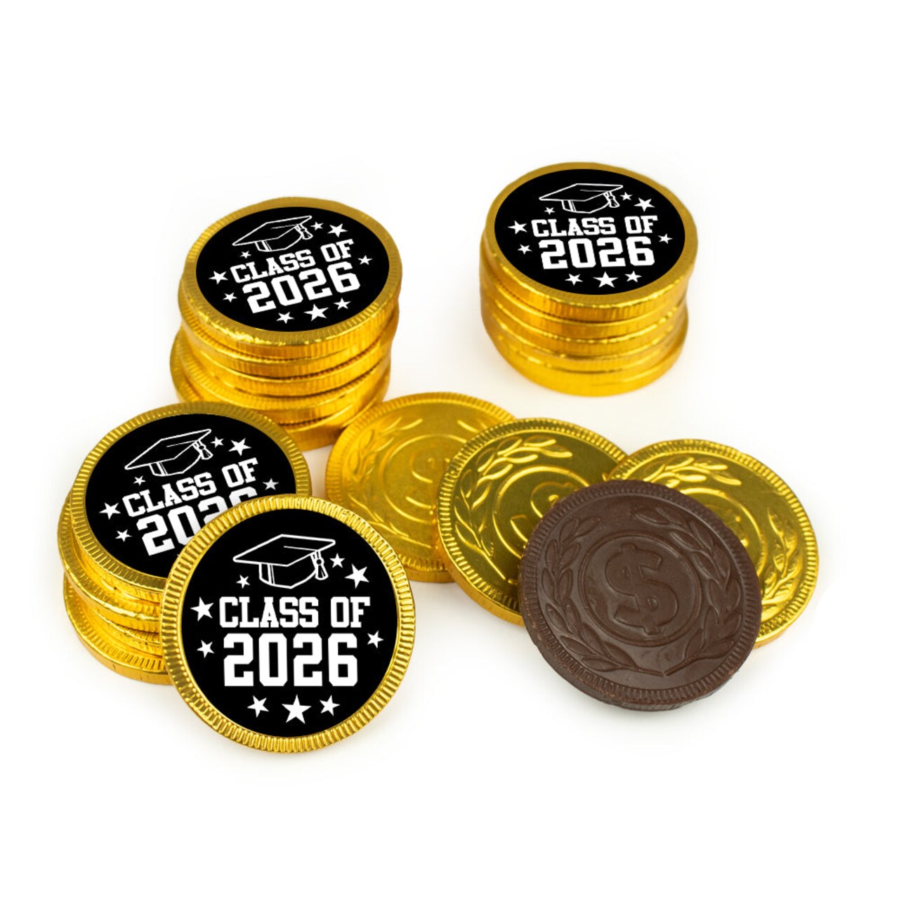 80 Pack Class of 2026 Graduation Stickered Gold Foiled Chocolate Coins - Candy Party Favors For Graduation Celebrations, Table Decoration & Gift Bags (Green)